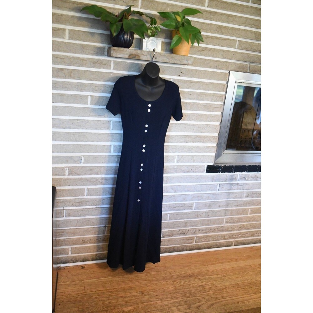 VTG size 4 Ronni Nicole Dress floral mother of pearl buttons blue maxi navy